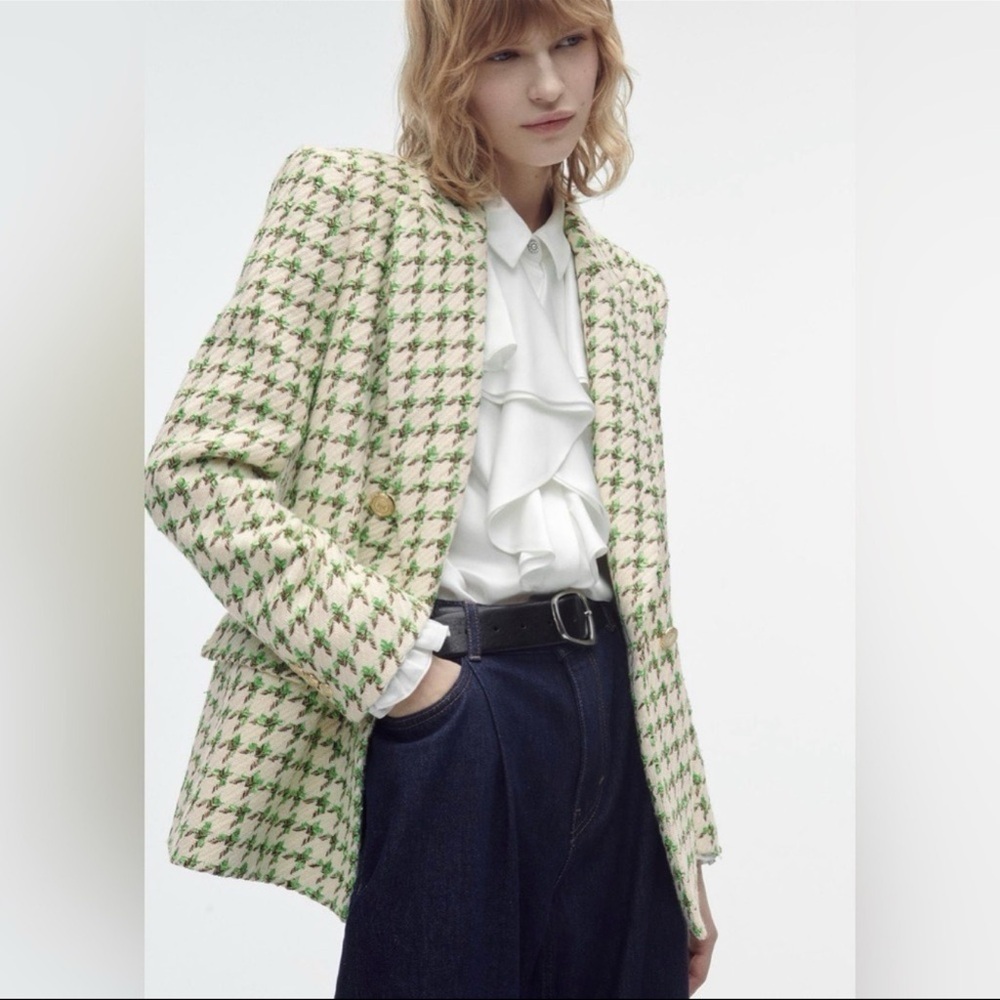 Zara Double Breasted Textured Weave Jacket Green Houndstooth Blogger Fave XS